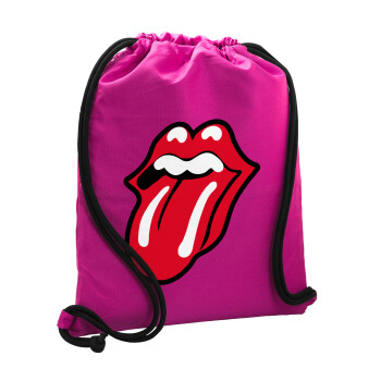 Rolling Stones Kiss, Τσάντα πλάτης πουγκί GYMBAG Φούξια, με τσέπη (40x48cm) & χονδρά κορδόνια