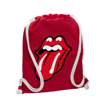 Rolling Stones Kiss, Τσάντα πλάτης πουγκί GYMBAG Κόκκινη, με τσέπη (40x48cm) & χονδρά κορδόνια