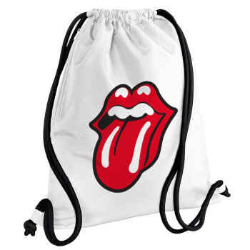 Rolling Stones Kiss, Τσάντα πλάτης πουγκί GYMBAG λευκή, με τσέπη (40x48cm) & χονδρά κορδόνια