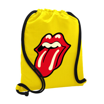 Rolling Stones Kiss, Τσάντα πλάτης πουγκί GYMBAG Κίτρινη, με τσέπη (40x48cm) & χονδρά κορδόνια