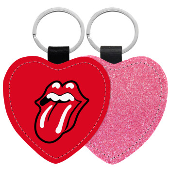 Rolling Stones Kiss, Μπρελόκ PU δερμάτινο glitter καρδιά ΡΟΖ
