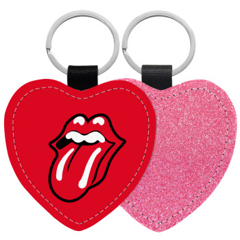 Rolling Stones Kiss, Μπρελόκ PU δερμάτινο glitter καρδιά ΡΟΖ