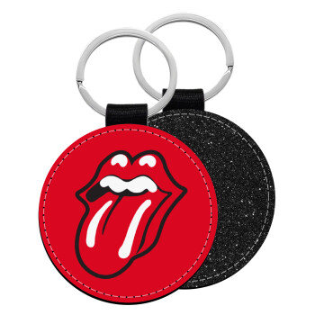 Rolling Stones Kiss, Μπρελόκ Δερματίνη, στρογγυλό ΜΑΥΡΟ (5cm)