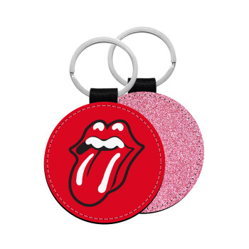 Rolling Stones Kiss, Μπρελόκ Δερματίνη, στρογγυλό ΡΟΖ (5cm)