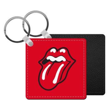 Rolling Stones Kiss, Μπρελόκ Δερματίνη, τετράγωνο ΜΑΥΡΟ (5x5cm)