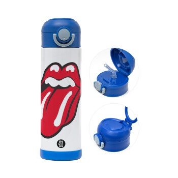 Rolling Stones Kiss, Children's hot water bottle, stainless steel, with safety straw, BLUE (500ml)