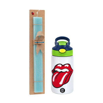 Rolling Stones Kiss, Easter Set, Children's thermal stainless steel bottle with safety straw, green/blue (350ml) & aromatic flat Easter candle (30cm) (TURQUOISE)