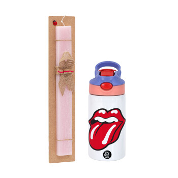 Rolling Stones Kiss, Easter Set, Children's thermal stainless steel water bottle with safety straw, pink/purple (350ml) & Easter scented flat candle (30cm) (PINK)