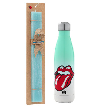 Rolling Stones Kiss, Πασχαλινό Σετ, Μεταλλικό παγούρι θερμός Πράσινο/Λευκό (Stainless steel), διπλού τοιχώματος, 500ml & πασχαλινή λαμπάδα αρωματική πλακέ (30cm) (ΤΙΡΚΟΥΑΖ)