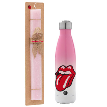 Rolling Stones Kiss, Πασχαλινό Σετ, Μεταλλικό παγούρι θερμός Ροζ/Λευκό (Stainless steel), διπλού τοιχώματος, 500ml & πασχαλινή λαμπάδα αρωματική πλακέ (30cm) (ΡΟΖ)