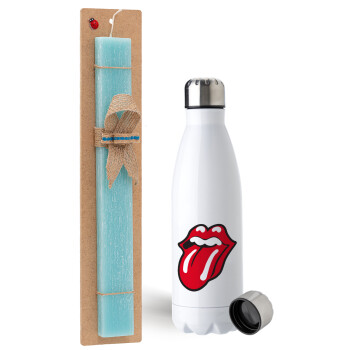 Rolling Stones Kiss, Easter Set, metallic stainless steel water bottle (750ml) & aromatic flat Easter candle (30cm) (TURQUOISE)