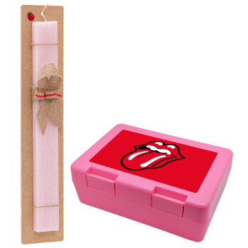 Rolling Stones Kiss, Πασχαλινό Σετ, παιδικό δοχείο κολατσιού ΡΟΖ & πασχαλινή λαμπάδα αρωματική πλακέ (30cm) (ΡΟΖ)