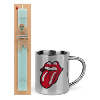 Rolling Stones Kiss, Πασχαλινό Σετ, μεταλλική κούπα θερμό (300ml) & πασχαλινή λαμπάδα αρωματική πλακέ (30cm) (ΤΙΡΚΟΥΑΖ)