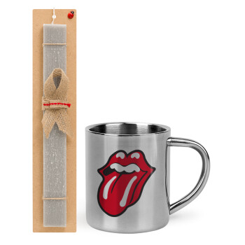 Rolling Stones Kiss, Πασχαλινό Σετ, μεταλλική κούπα θερμό (300ml) & πασχαλινή λαμπάδα αρωματική πλακέ (30cm) (ΓΚΡΙ)
