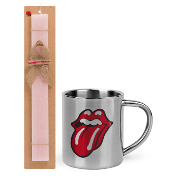 Rolling Stones Kiss, Πασχαλινό Σετ, μεταλλική κούπα θερμό (300ml) & πασχαλινή λαμπάδα αρωματική πλακέ (30cm) (ΡΟΖ)