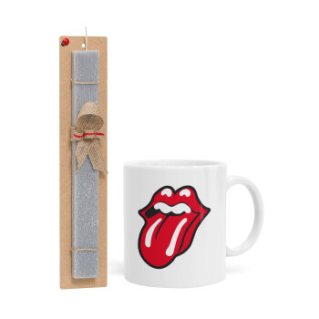 Rolling Stones Kiss, Easter Set, Ceramic Cup (330ml) & Easter aromatic flat candle (30cm) (GRAY)