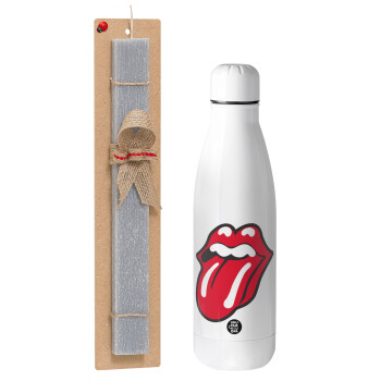 Rolling Stones Kiss, Πασχαλινό Σετ, μεταλλικό παγούρι θερμός ανοξείδωτο (500ml) & πασχαλινή λαμπάδα αρωματική πλακέ (30cm) (ΓΚΡΙ)