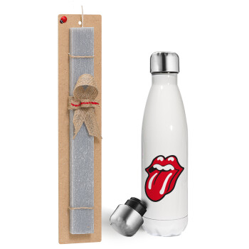 Rolling Stones Kiss, Πασχαλινή λαμπάδα, μεταλλικό παγούρι θερμός λευκός (500ml) & λαμπάδα αρωματική πλακέ (30cm) (ΓΚΡΙ)