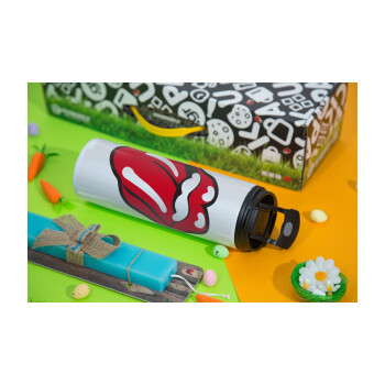 Rolling Stones Kiss, Easter candle,Travel Tumbler 2 Lids, with metal straw & cleaning brush & aromatic flat candle (30cm) (BLUE)