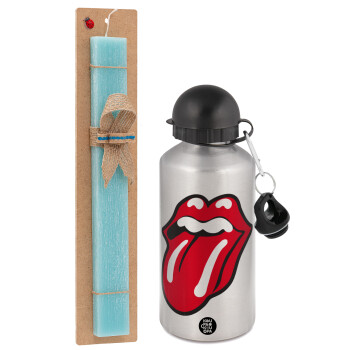 Rolling Stones Kiss, Πασχαλινό Σετ, παγούρι μεταλλικό Ασημένιο αλουμινίου (500ml) & πασχαλινή λαμπάδα αρωματική πλακέ (30cm) (ΤΙΡΚΟΥΑΖ)