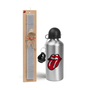 Rolling Stones Kiss, Πασχαλινό Σετ, παγούρι μεταλλικό Ασημένιο αλουμινίου (500ml) & πασχαλινή λαμπάδα αρωματική πλακέ (30cm) (ΓΚΡΙ)