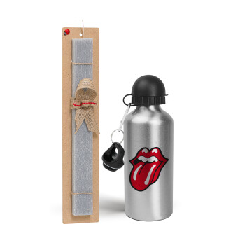 Rolling Stones Kiss, Easter Set, metallic silver aluminum water bottle (500ml) & aromatic flat Easter candle (30cm) (GRAY)