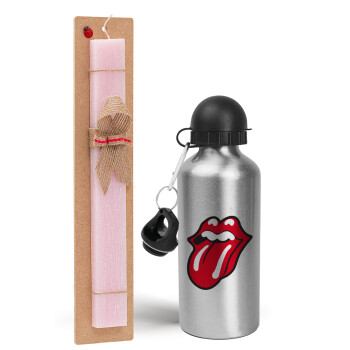 Rolling Stones Kiss, Easter Set, metallic Silver aluminum water bottle (500ml) & scented flat Easter candle (30cm) (PINK)