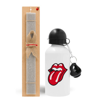 Rolling Stones Kiss, Πασχαλινό Σετ, παγούρι μεταλλικό  αλουμινίου (500ml) & πασχαλινή λαμπάδα αρωματική πλακέ (30cm) (ΓΚΡΙ)