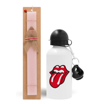 Rolling Stones Kiss, Πασχαλινό Σετ, παγούρι μεταλλικό αλουμινίου (500ml) & πασχαλινή λαμπάδα αρωματική πλακέ (30cm) (ΡΟΖ)