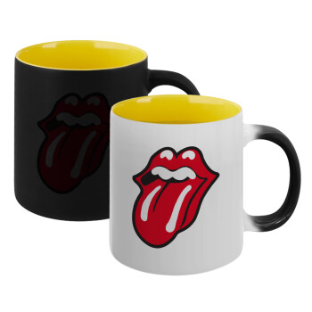 Rolling Stones Kiss, Κούπα Μαγική εσωτερικό κίτρινη, κεραμική 330ml που αλλάζει χρώμα με το ζεστό ρόφημα (1 τεμάχιο)