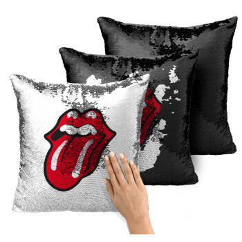 Rolling Stones Kiss, Μαξιλάρι καναπέ Μαγικό Μαύρο με πούλιες 40x40cm περιέχεται το γέμισμα