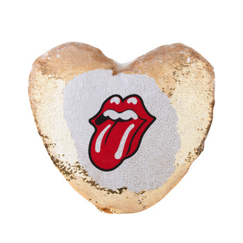 Rolling Stones Kiss, Μαξιλάρι καναπέ καρδιά Μαγικό Χρυσό με πούλιες 40x40cm περιέχεται το  γέμισμα