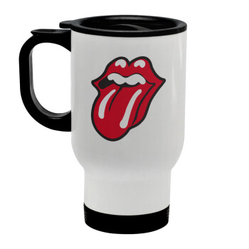 Rolling Stones Kiss, Stainless steel travel mug with lid, double wall white 450ml