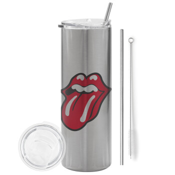 Rolling Stones Kiss, Eco friendly ποτήρι θερμό Ασημένιο (tumbler) από ανοξείδωτο ατσάλι 600ml, με μεταλλικό καλαμάκι & βούρτσα καθαρισμού