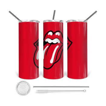 Rolling Stones Kiss, 360 Eco friendly ποτήρι θερμό (tumbler) από ανοξείδωτο ατσάλι 600ml, με μεταλλικό καλαμάκι & βούρτσα καθαρισμού