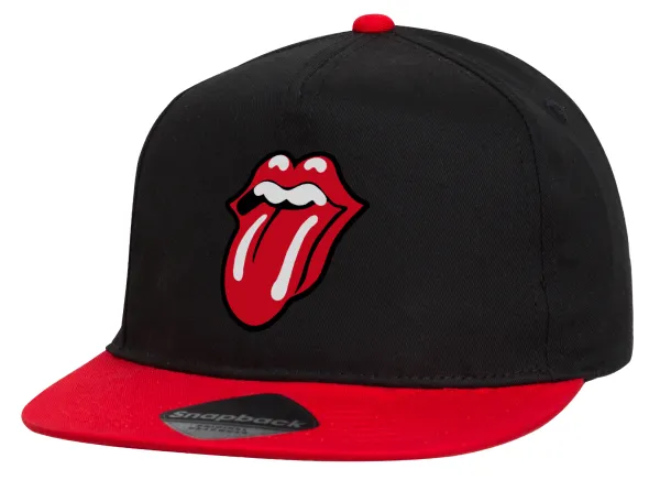 Rolling Stones Kiss — Flat Snapback Hat, Black/Red (100% COTTON, UNISEX, ONE SIZE)