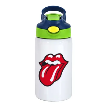 Rolling Stones Kiss, Παιδικό παγούρι θερμό, ανοξείδωτο, με καλαμάκι ασφαλείας, πράσινο/μπλε (350ml)