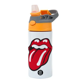 Rolling Stones Kiss, Children's hot water bottle, stainless steel, with safety straw, Orange/Grey (360ml) BPA-FREE