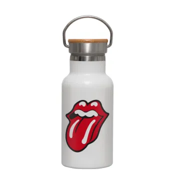 Rolling Stones Kiss, Metallic thermos (Stainless steel) White with wooden lid (bamboo), double-walled, 350ml