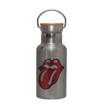 Rolling Stones Kiss, Stainless steel metallic thermos flask, silver with a bamboo lid, double-walled, 350ml.