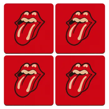 Rolling Stones Kiss, ΣΕΤ x4 Σουβέρ ξύλινα τετράγωνα plywood (9cm)