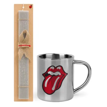 Rolling Stones Kiss, Easter Set, metallic thermal cup (300ml) & Easter aromatic flat candle (30cm) (GRAY)