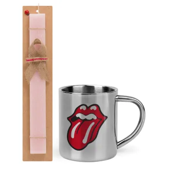 Rolling Stones Kiss, Easter Set, metallic thermal cup (300ml) & aromatic flat Easter candle (30cm) (PINK)