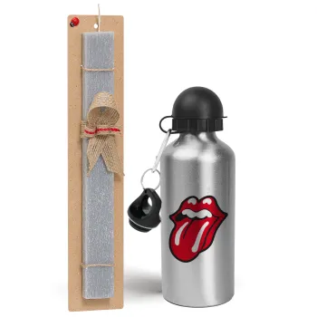 Rolling Stones Kiss, Easter Set, metallic silver aluminum water bottle (500ml) & aromatic flat Easter candle (30cm) (GRAY)