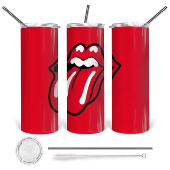 Rolling Stones Kiss, Tumbler ποτήρι θερμό από ανοξείδωτο ατσάλι 600ml, με μεταλλικό καλαμάκι & βούρτσα καθαρισμού