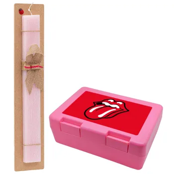 Rolling Stones Kiss, Easter Set, children's snack container PINK & scented flat Easter candle (30cm) (PINK)