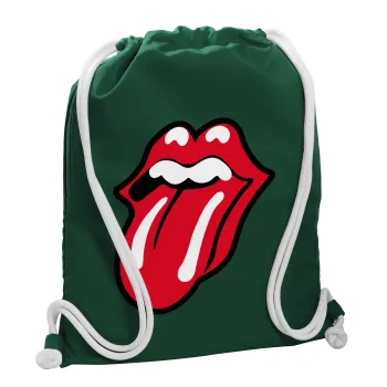 Rolling Stones Kiss, Backpack pouch GYMBAG BOTTLE GREEN, with pocket (40x48cm) & thick white cords