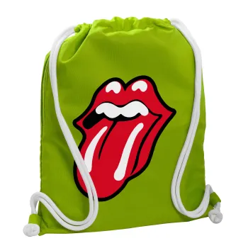 Rolling Stones Kiss, Backpack bag GYMBAG LIME GREEN, with pocket (40x48cm) & thick cords