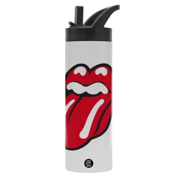 Rolling Stones Kiss, Metallic thermos bottle with straw & handle, stainless steel (Stainless steel 304), double-walled, 600ml.
