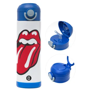 Rolling Stones Kiss, Παιδικό παγούρι θερμό, ανοξείδωτο, με καλαμάκι ασφαλείας, ΜΠΛΕ (500ml)